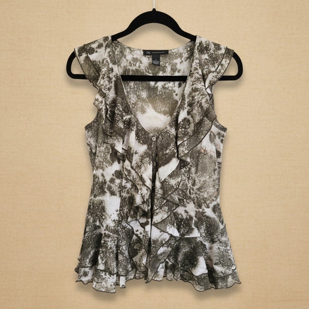 INC International Concepts Green Floral Ruffle V-Neck Sleeveless Top Size M
